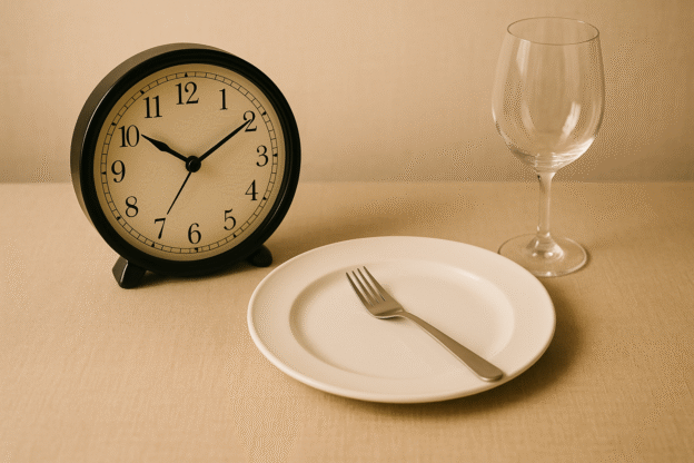 Clock alongside empty plate and wine glass